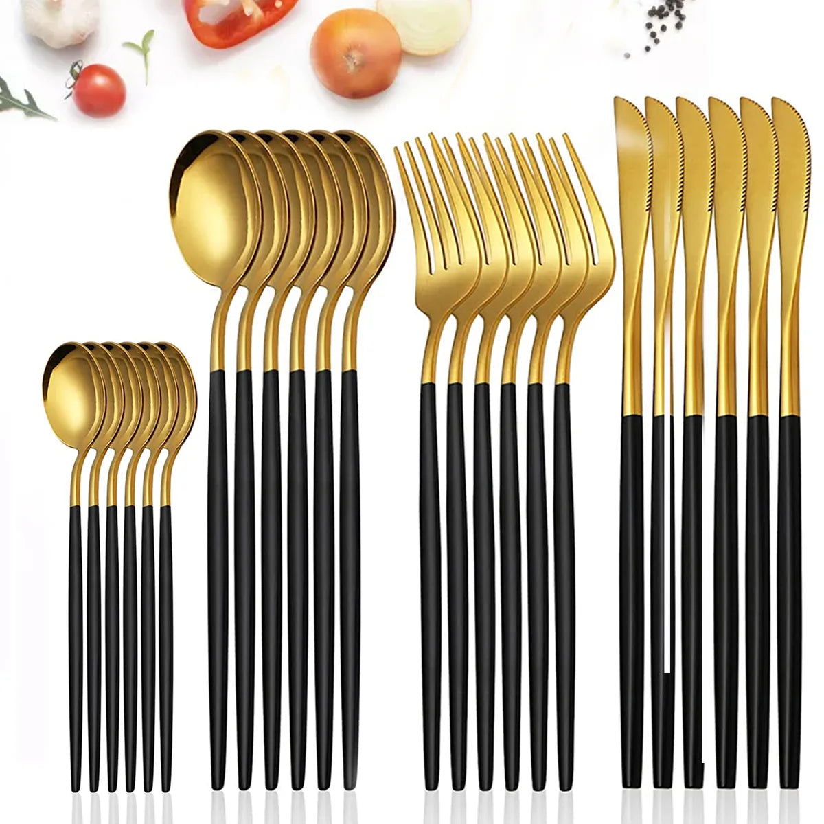 24Pcs Stainless Steel Dinnerware Set Black Gold Cutlery Spoon Fork Knife Western Cutleri Silverware Flatware Tableware Supplies - Slobuy