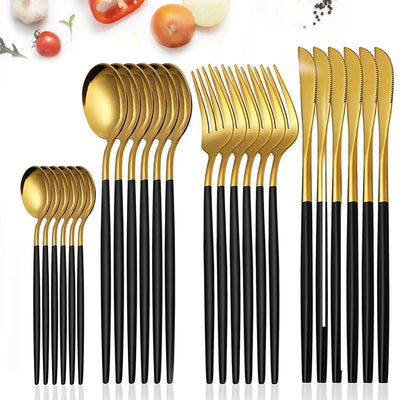 24Pcs Stainless Steel Dinnerware Set Black Gold Cutlery Spoon Fork Knife Western Cutleri Silverware Flatware Tableware Supplies - Slobuy