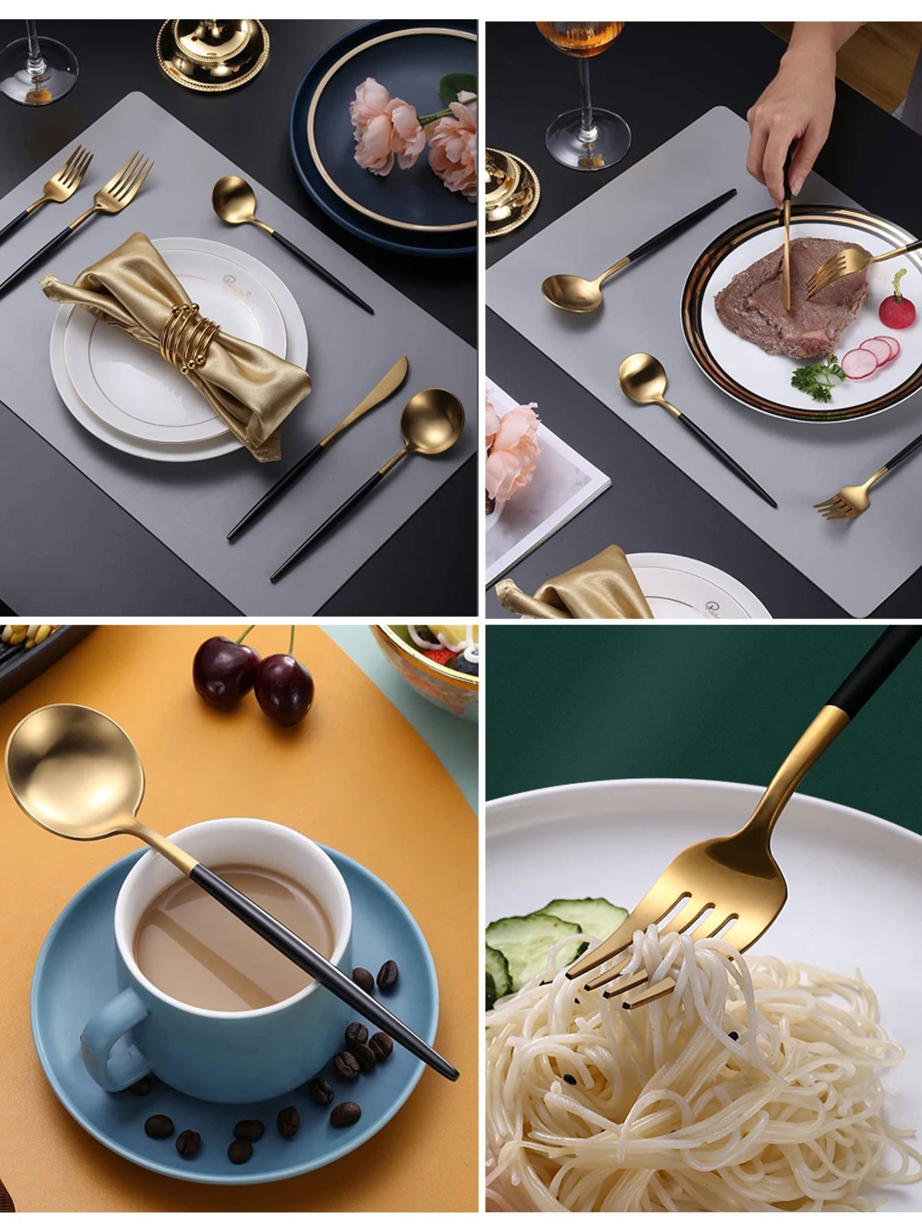 24Pcs Stainless Steel Dinnerware Set Black Gold Cutlery Spoon Fork Knife Western Cutleri Silverware Flatware Tableware Supplies - Slobuy
