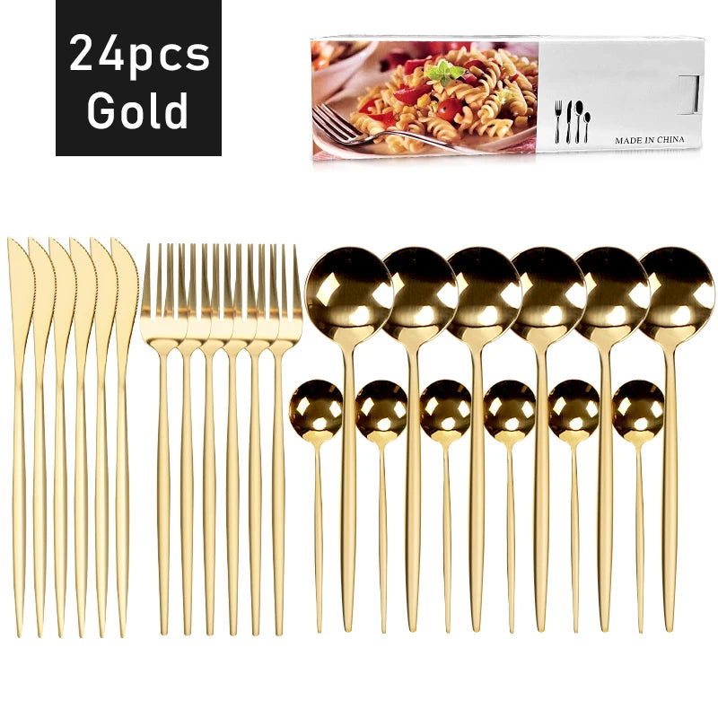 24Pcs Stainless Steel Dinnerware Set Black Gold Cutlery Spoon Fork Knife Western Cutleri Silverware Flatware Tableware Supplies - Slobuy