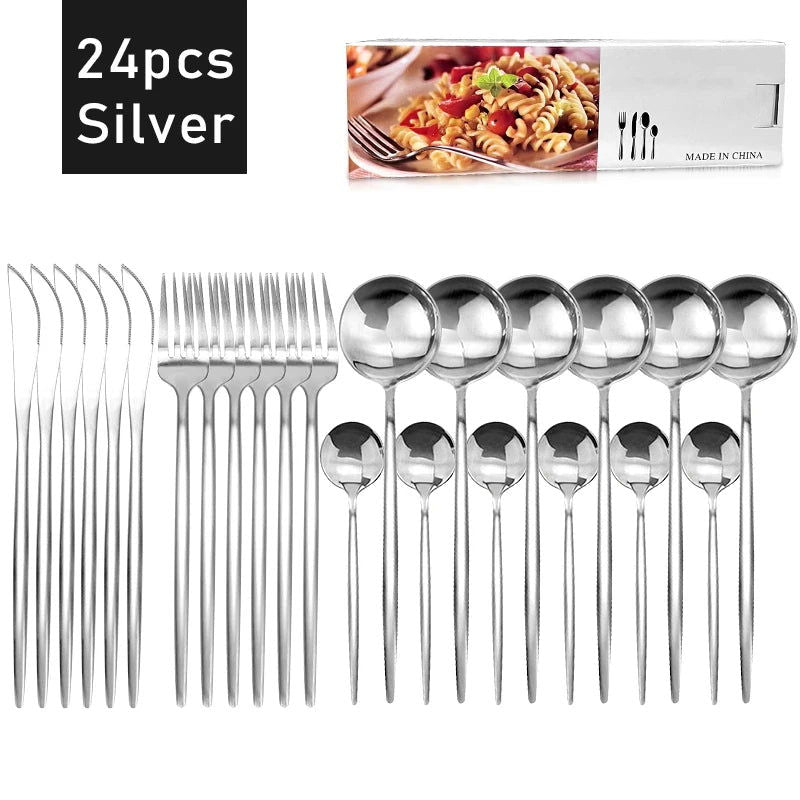 24Pcs Stainless Steel Dinnerware Set Black Gold Cutlery Spoon Fork Knife Western Cutleri Silverware Flatware Tableware Supplies - Slobuy