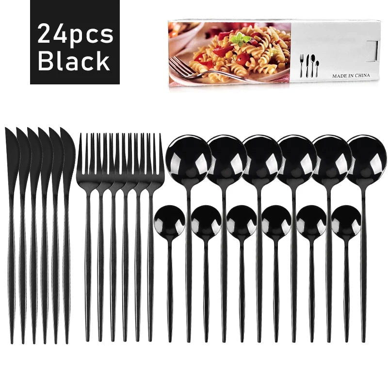 24Pcs Stainless Steel Dinnerware Set Black Gold Cutlery Spoon Fork Knife Western Cutleri Silverware Flatware Tableware Supplies - Slobuy