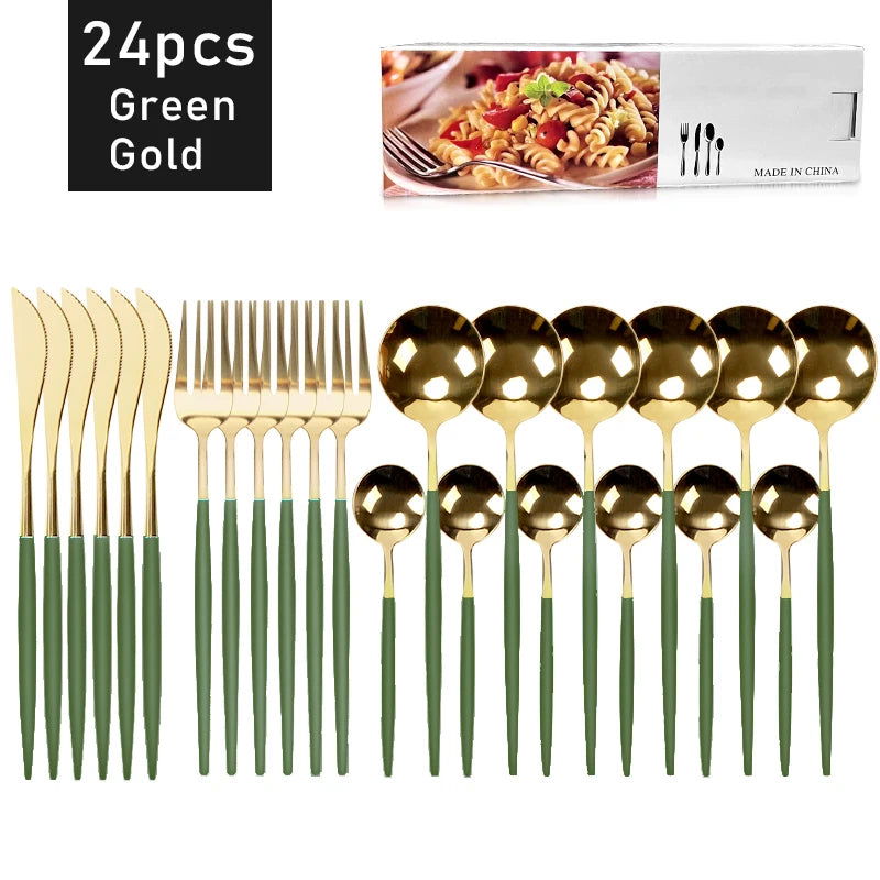 24Pcs Stainless Steel Dinnerware Set Black Gold Cutlery Spoon Fork Knife Western Cutleri Silverware Flatware Tableware Supplies - Slobuy