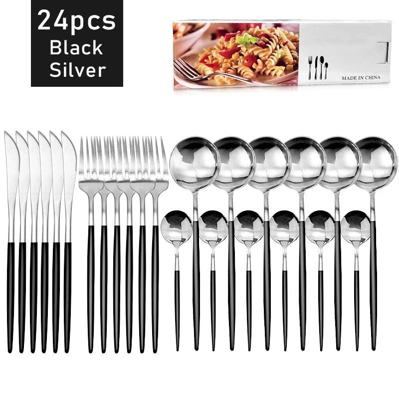 24Pcs Stainless Steel Dinnerware Set Black Gold Cutlery Spoon Fork Knife Western Cutleri Silverware Flatware Tableware Supplies - Slobuy