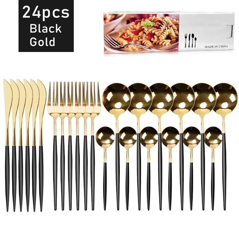 24Pcs Stainless Steel Dinnerware Set Black Gold Cutlery Spoon Fork Knife Western Cutleri Silverware Flatware Tableware Supplies - Slobuy