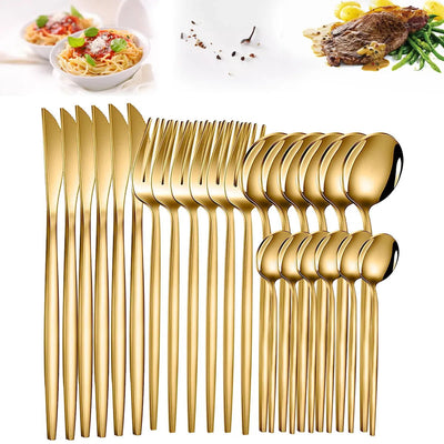 24pcs Gold Dinnerware Set Stainless Steel Tableware Set Knife Fork Spoon Flatware Set Cutlery Set Knife Fork Spoon Tea Spoon - Slobuy