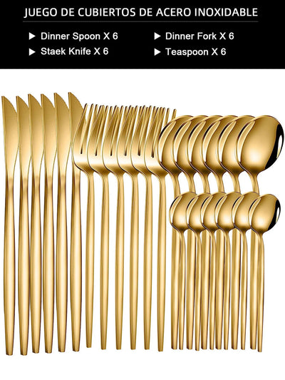 24pcs Gold Dinnerware Set Stainless Steel Tableware Set Knife Fork Spoon Flatware Set Cutlery Set Knife Fork Spoon Tea Spoon - Slobuy