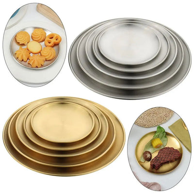 14/17/20/23/26CM Stainless Steel Bone Spitting Dish Gold Silver Shallow Tray Metal Dining Disc Round Plate Dessert Tableware - Slobuy