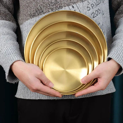 14/17/20/23/26CM Stainless Steel Bone Spitting Dish Gold Silver Shallow Tray Metal Dining Disc Round Plate Dessert Tableware - Slobuy