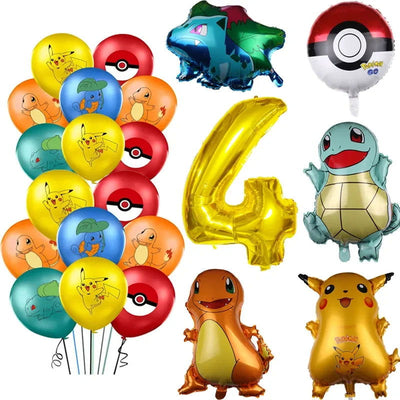 26pcs Cartoon Pokemon Pikachu Charmander Squirtle Bulbasaur Balloon Number Set Kids Birthday Party Decoration Latex Balloon Toy - Slobuy