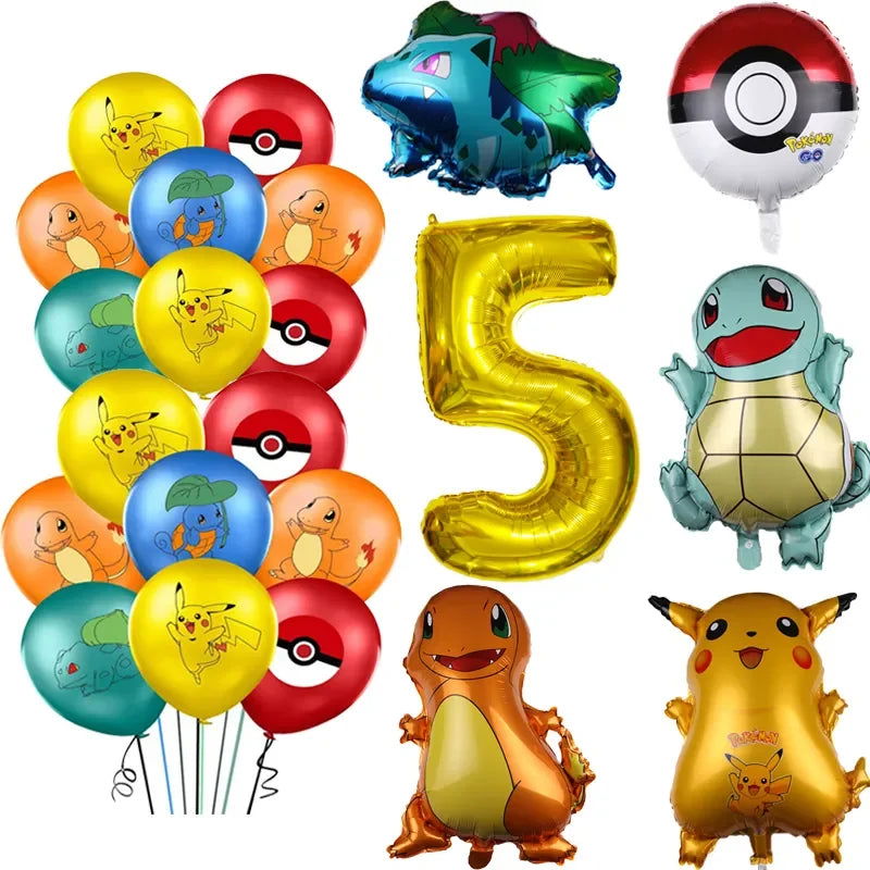 26pcs Cartoon Pokemon Pikachu Charmander Squirtle Bulbasaur Balloon Number Set Kids Birthday Party Decoration Latex Balloon Toy - Slobuy