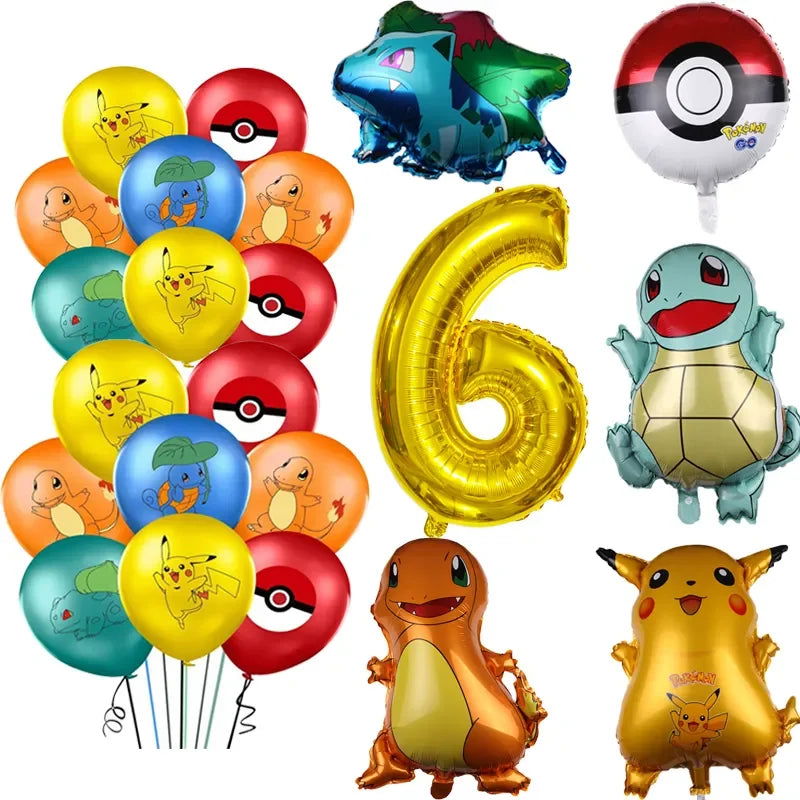 26pcs Cartoon Pokemon Pikachu Charmander Squirtle Bulbasaur Balloon Number Set Kids Birthday Party Decoration Latex Balloon Toy - Slobuy
