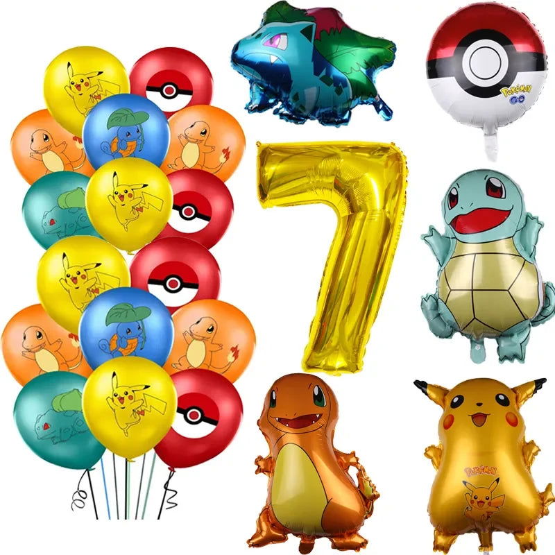 26pcs Cartoon Pokemon Pikachu Charmander Squirtle Bulbasaur Balloon Number Set Kids Birthday Party Decoration Latex Balloon Toy - Slobuy