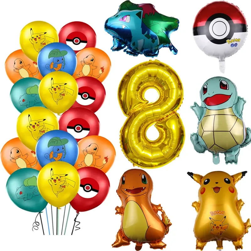 26pcs Cartoon Pokemon Pikachu Charmander Squirtle Bulbasaur Balloon Number Set Kids Birthday Party Decoration Latex Balloon Toy - Slobuy