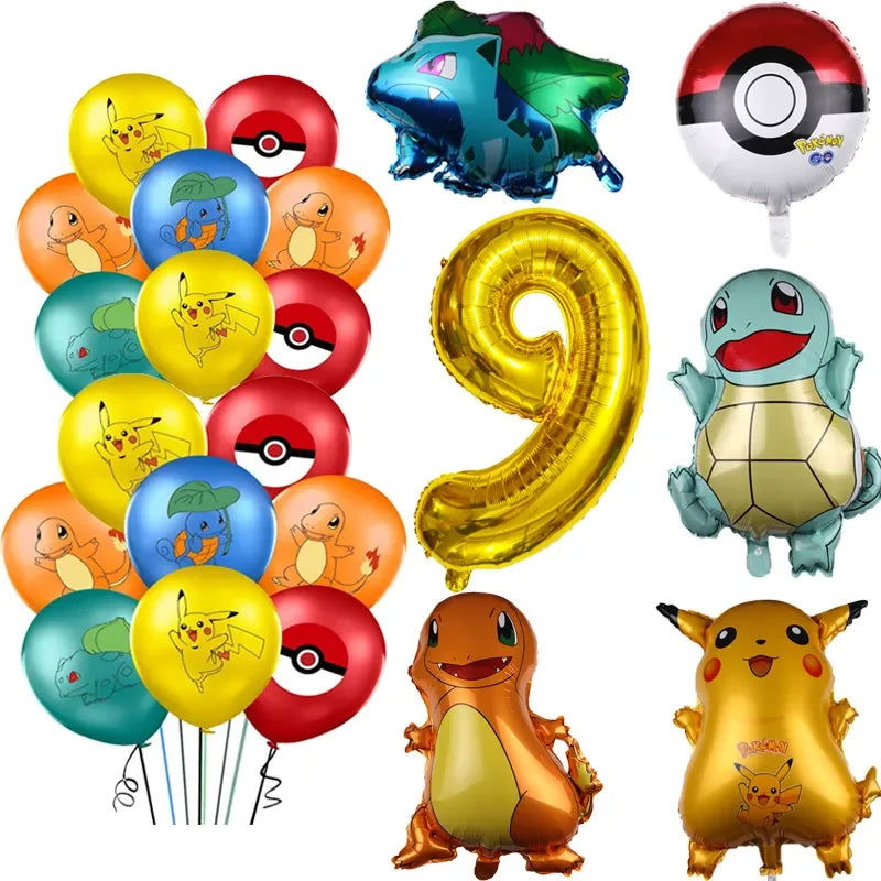 26pcs Cartoon Pokemon Pikachu Charmander Squirtle Bulbasaur Balloon Number Set Kids Birthday Party Decoration Latex Balloon Toy - Slobuy