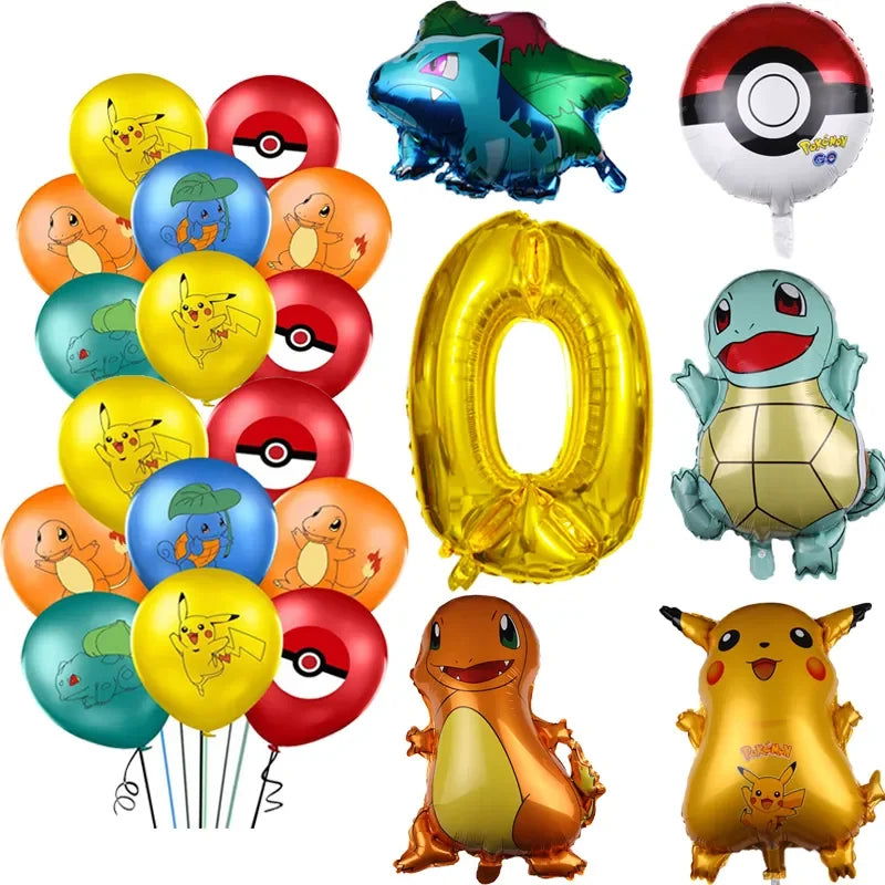 26pcs Cartoon Pokemon Pikachu Charmander Squirtle Bulbasaur Balloon Number Set Kids Birthday Party Decoration Latex Balloon Toy - Slobuy
