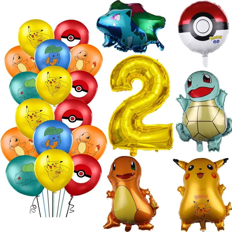 26pcs Cartoon Pokemon Pikachu Charmander Squirtle Bulbasaur Balloon Number Set Kids Birthday Party Decoration Latex Balloon Toy - Slobuy