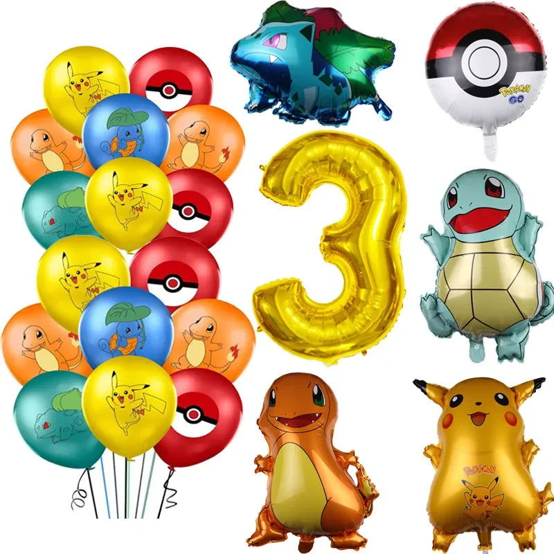 26pcs Cartoon Pokemon Pikachu Charmander Squirtle Bulbasaur Balloon Number Set Kids Birthday Party Decoration Latex Balloon Toy - Slobuy