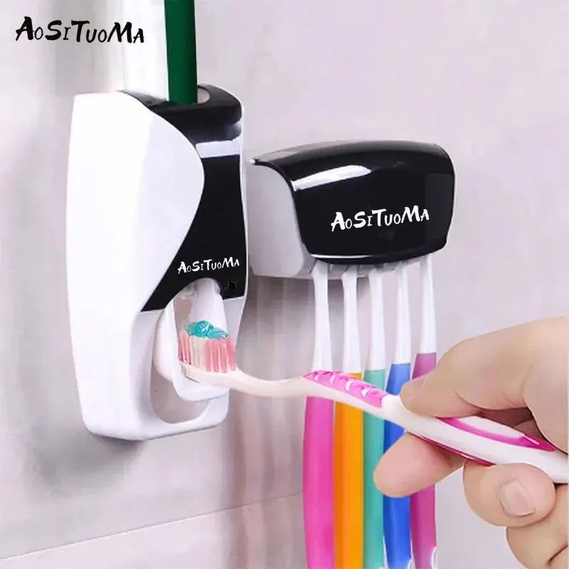 2PCS Automatic Toothpaste Dispenser Wall Mount Dust-proof Toothbrush Holder Wall Mount Bathroom Accessories Set Squeezer - Slobuy