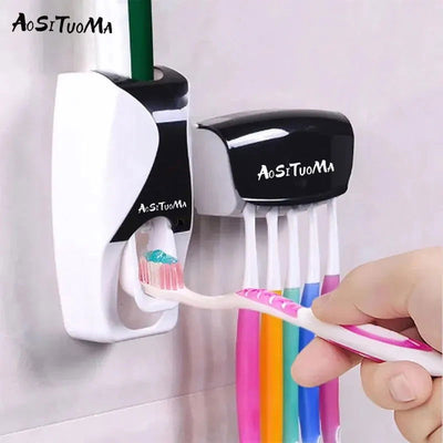 2PCS Automatic Toothpaste Dispenser Wall Mount Dust-proof Toothbrush Holder Wall Mount Bathroom Accessories Set Squeezer - Slobuy