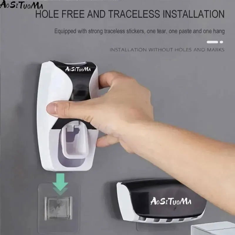 2PCS Automatic Toothpaste Dispenser Wall Mount Dust-proof Toothbrush Holder Wall Mount Bathroom Accessories Set Squeezer - Slobuy