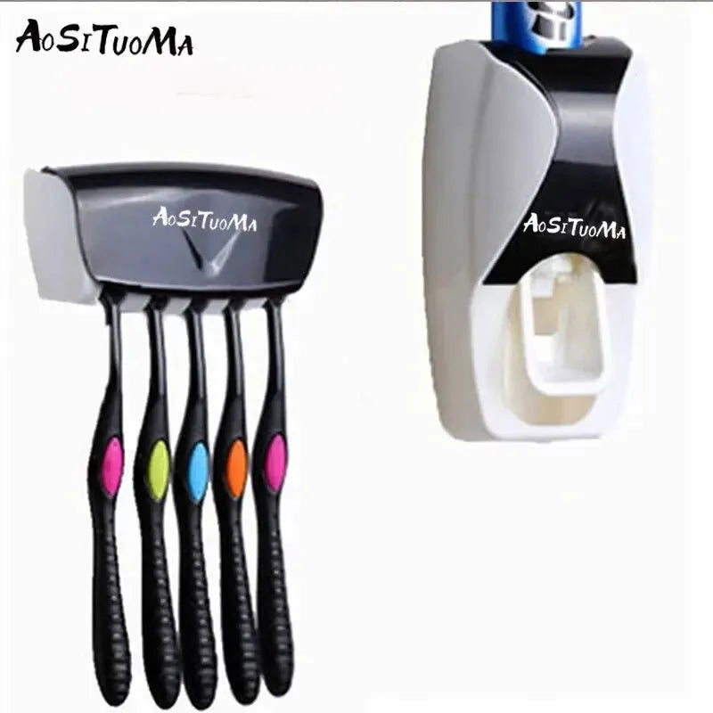 2PCS Automatic Toothpaste Dispenser Wall Mount Dust-proof Toothbrush Holder Wall Mount Bathroom Accessories Set Squeezer - Slobuy