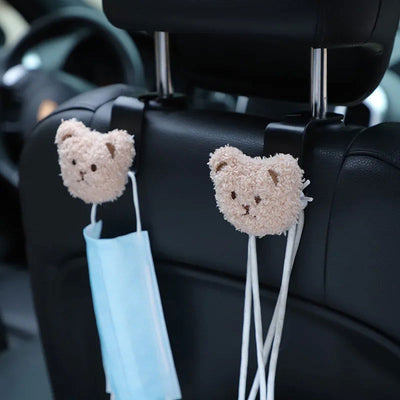 2PCS Cute Cartoon Bear Car Seat Back Hooks Storage Vehicle Headrest Organizer Hanger for Groceries Bag Handbag Car Decoration - Slobuy