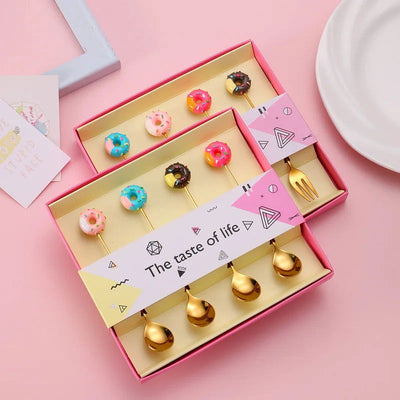 4PCS/2PCS Cutlery Spoon Fork Set Donuts Candy Spoons Forks Milk Coffee Stirring Spoons Dessert Spoon Fruit Fork Cutlery Gift - Slobuy
