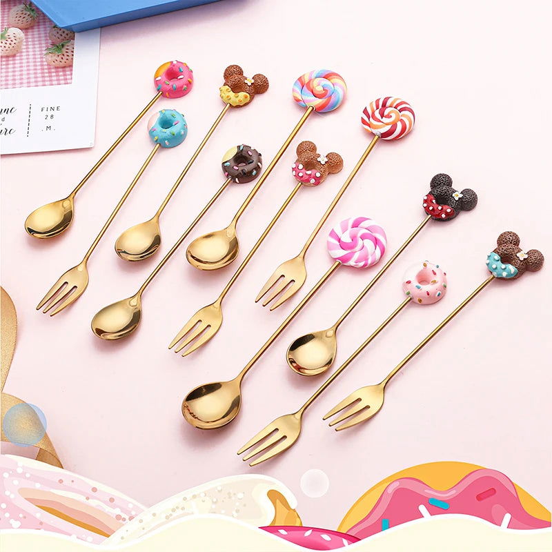 4PCS/2PCS Cutlery Spoon Fork Set Donuts Candy Spoons Forks Milk Coffee Stirring Spoons Dessert Spoon Fruit Fork Cutlery Gift - Slobuy