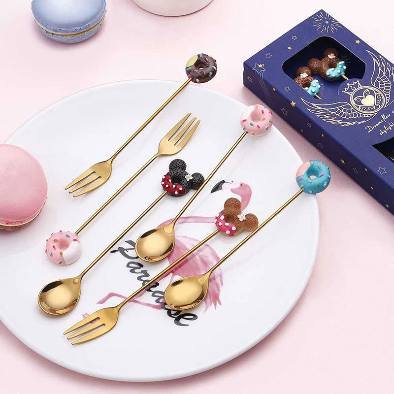 4PCS/2PCS Cutlery Spoon Fork Set Donuts Candy Spoons Forks Milk Coffee Stirring Spoons Dessert Spoon Fruit Fork Cutlery Gift - Slobuy