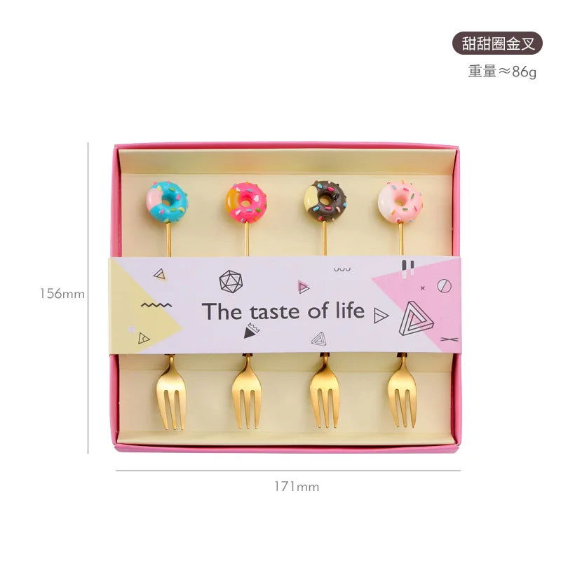 4PCS/2PCS Cutlery Spoon Fork Set Donuts Candy Spoons Forks Milk Coffee Stirring Spoons Dessert Spoon Fruit Fork Cutlery Gift - Slobuy