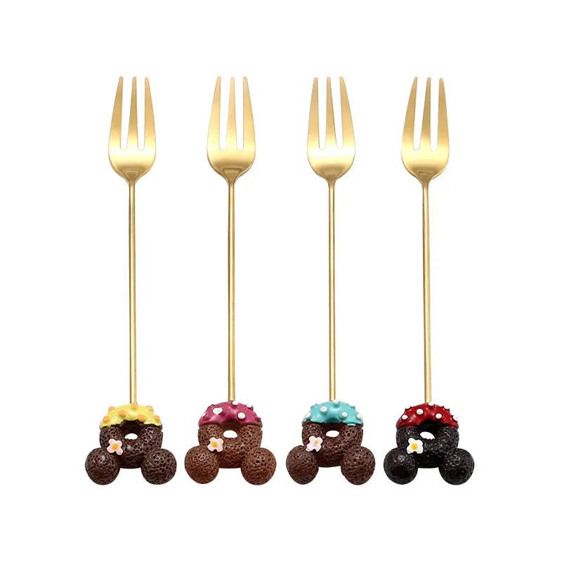 4PCS/2PCS Cutlery Spoon Fork Set Donuts Candy Spoons Forks Milk Coffee Stirring Spoons Dessert Spoon Fruit Fork Cutlery Gift - Slobuy