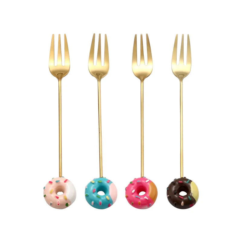 4PCS/2PCS Cutlery Spoon Fork Set Donuts Candy Spoons Forks Milk Coffee Stirring Spoons Dessert Spoon Fruit Fork Cutlery Gift - Slobuy