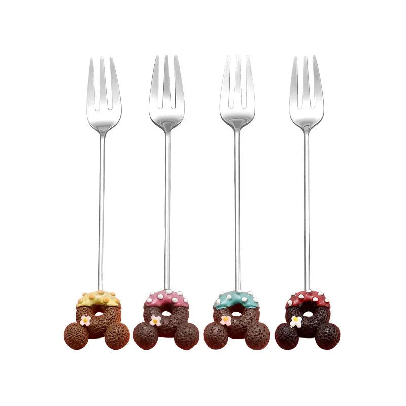 4PCS/2PCS Cutlery Spoon Fork Set Donuts Candy Spoons Forks Milk Coffee Stirring Spoons Dessert Spoon Fruit Fork Cutlery Gift - Slobuy
