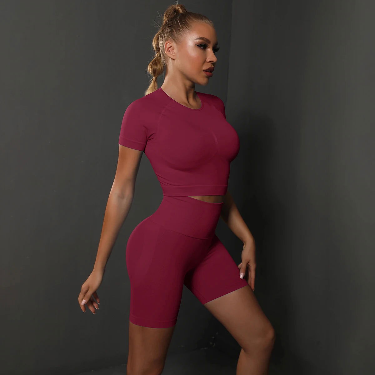 2PCS Seamless Women Yoga Set Gym Sportswear Sport Top and Hight Waist Short Suit Fitness Workout Butt Lifting Short Tight Suit - Slobuy
