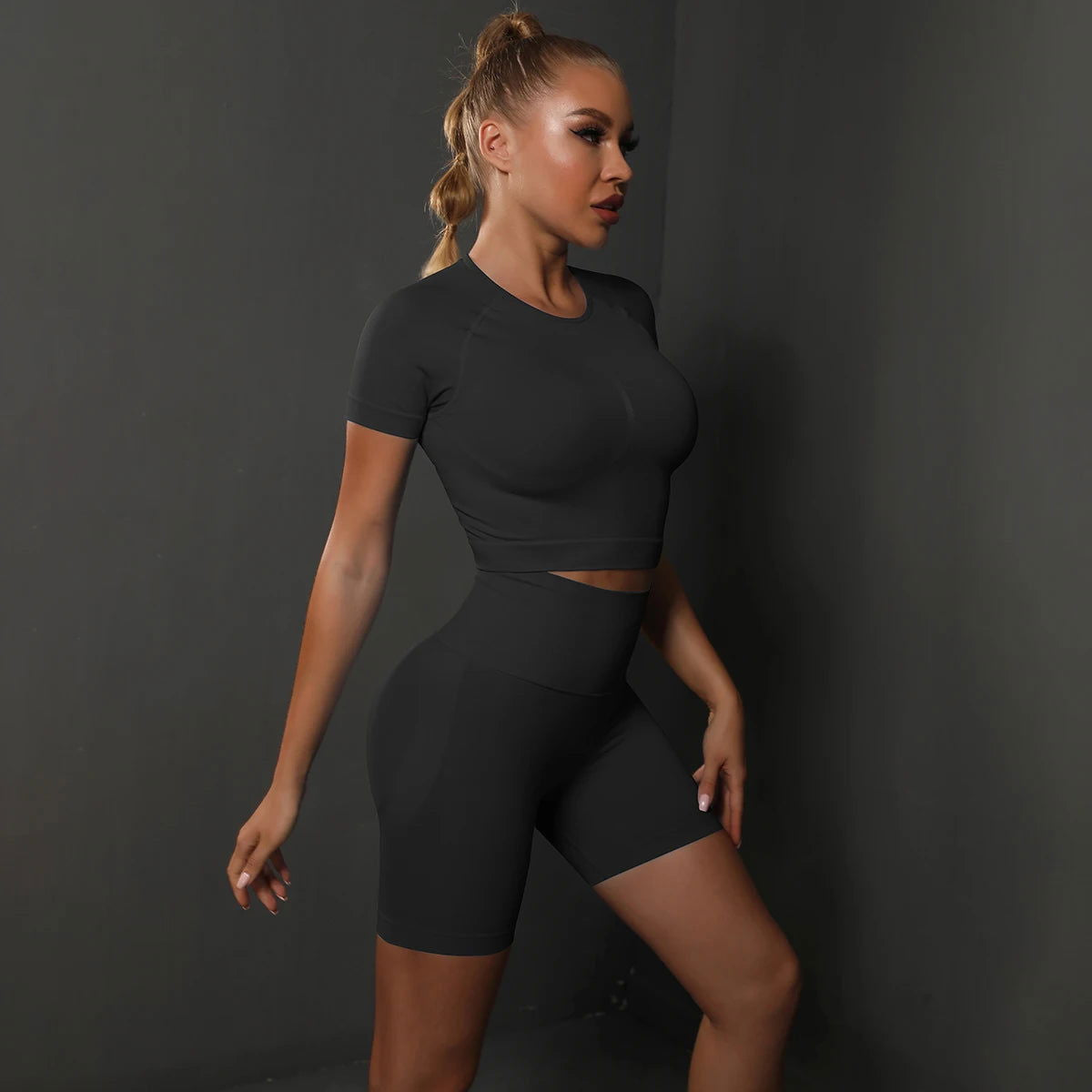 2PCS Seamless Women Yoga Set Gym Sportswear Sport Top and Hight Waist Short Suit Fitness Workout Butt Lifting Short Tight Suit - Slobuy