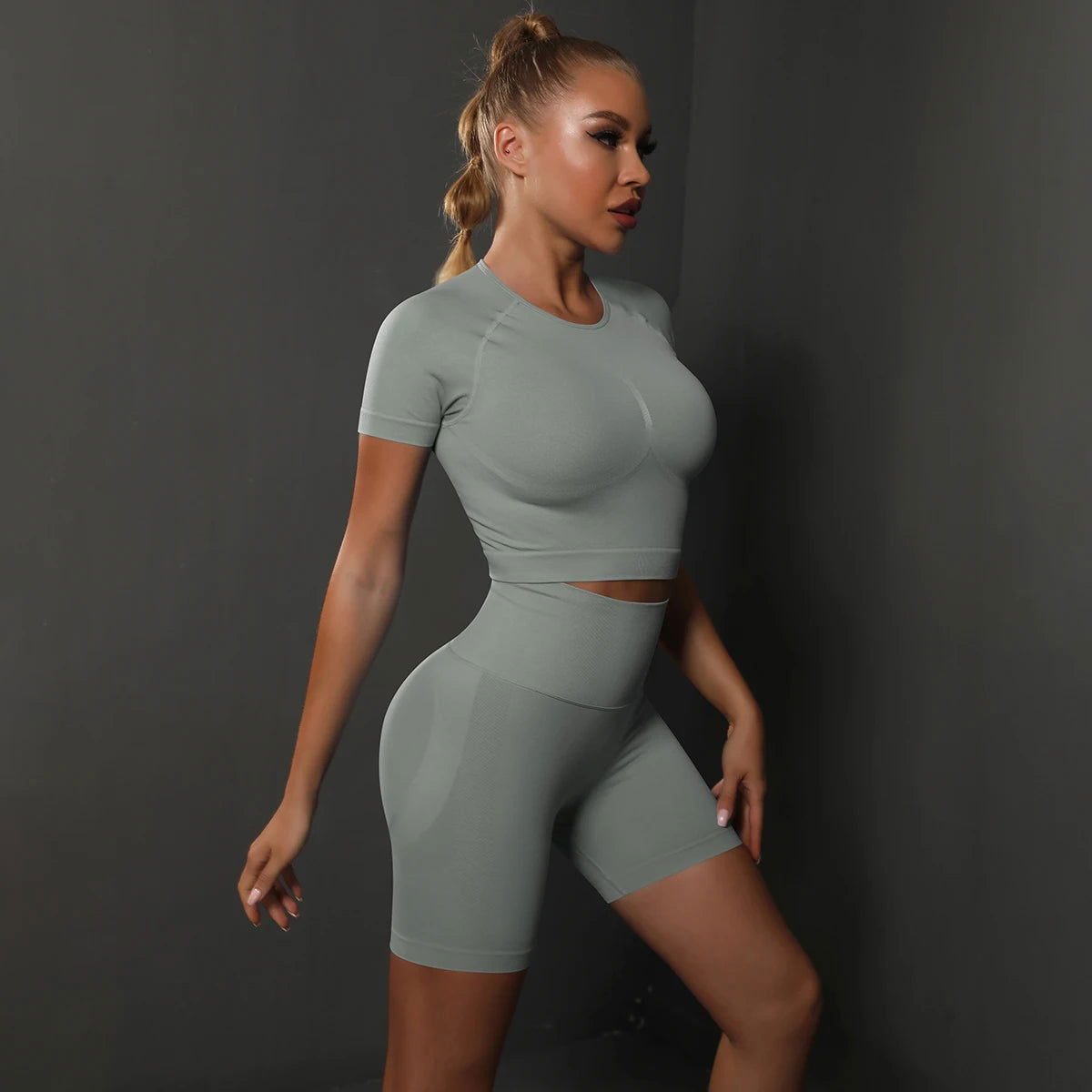 2PCS Seamless Women Yoga Set Gym Sportswear Sport Top and Hight Waist Short Suit Fitness Workout Butt Lifting Short Tight Suit - Slobuy