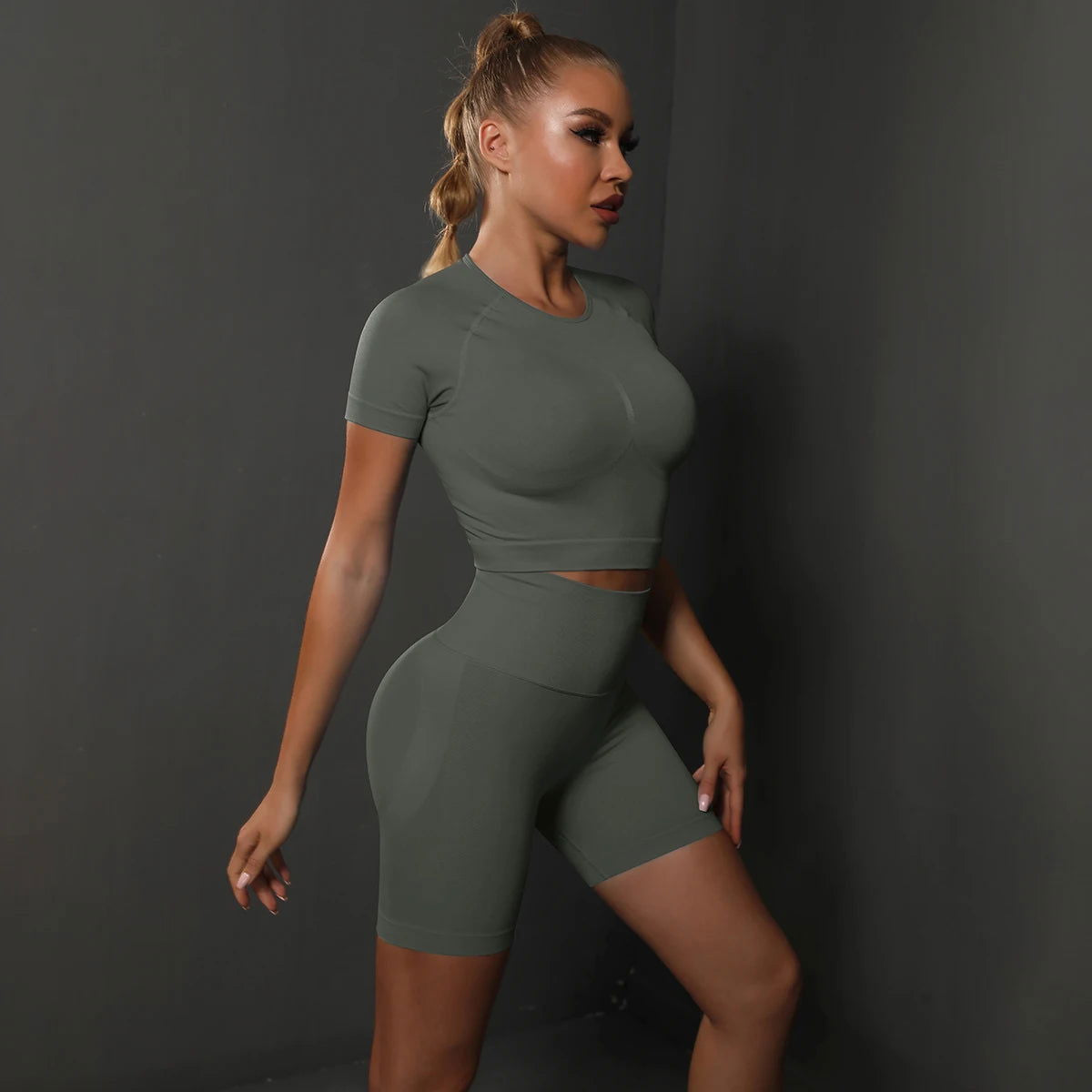 2PCS Seamless Women Yoga Set Gym Sportswear Sport Top and Hight Waist Short Suit Fitness Workout Butt Lifting Short Tight Suit - Slobuy