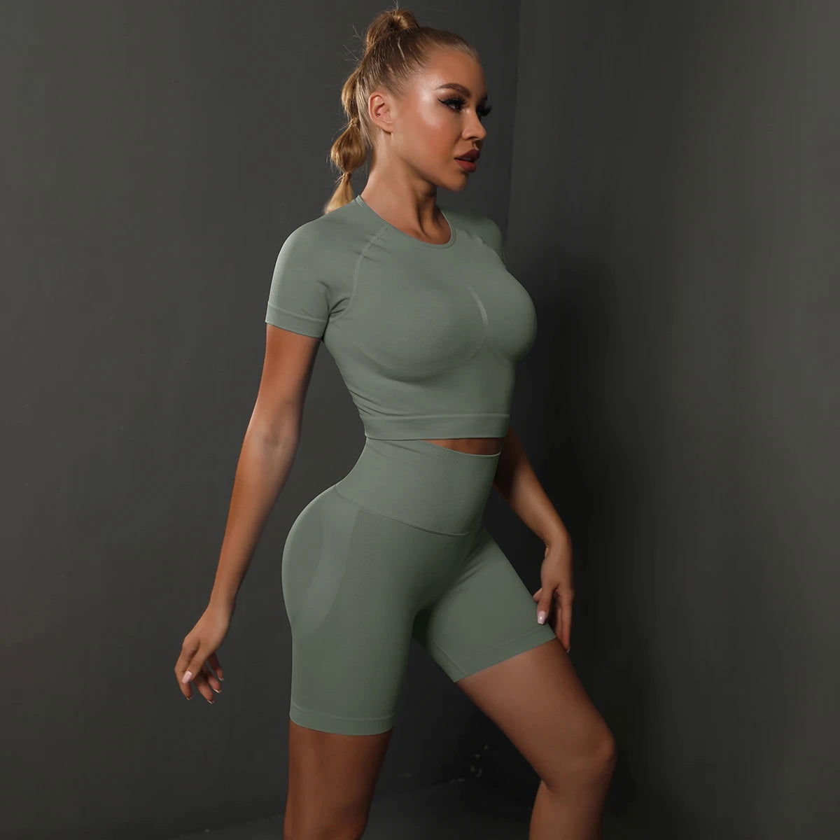2PCS Seamless Women Yoga Set Gym Sportswear Sport Top and Hight Waist Short Suit Fitness Workout Butt Lifting Short Tight Suit - Slobuy