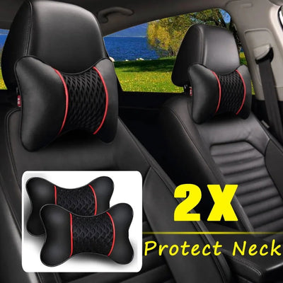 2Pcs Car Seat Neck Pillow Headrest Rest Cushion Support PU Leather Knitted Seat  Auto Black Safety Pillow car Accessories - Slobuy