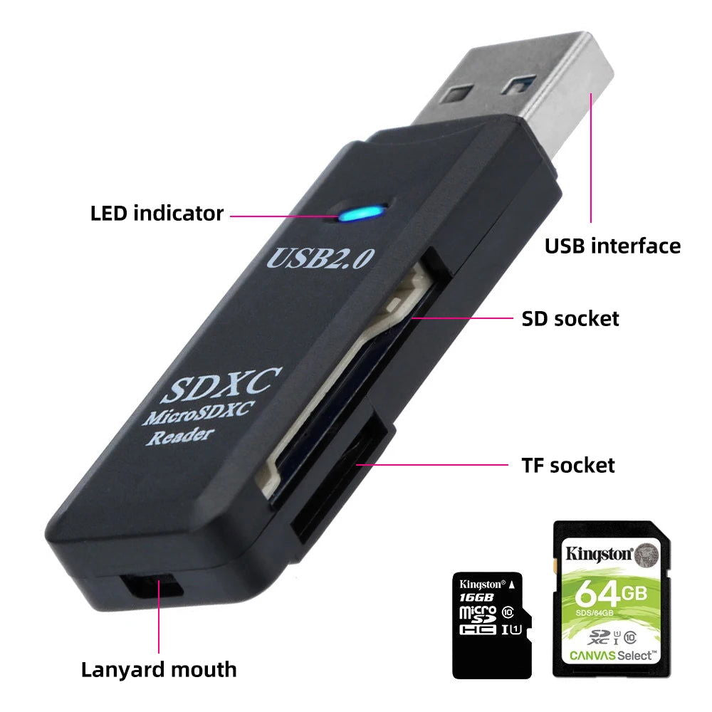 2 In 1 TF SD Card Reader USB 2.0 Cardreader Micro Sd Card To Usb Adaper Smart Card Reader Flash Drive Laptop Accessories - Slobuy