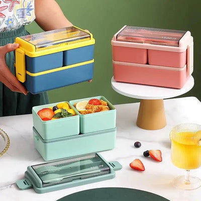 2 Layer Portable Leakproof Snack Lunch Bento Box Kid Student Microwave Dinnerware Fork Spoon Set Food Storage Container Office - Slobuy