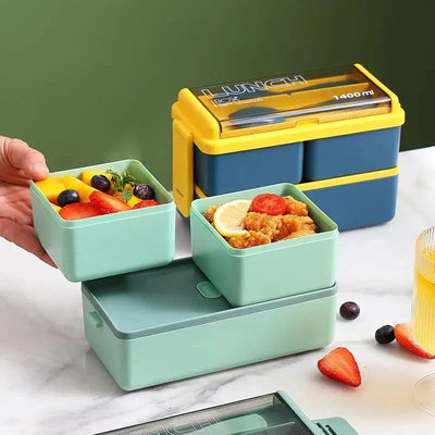 2 Layer Portable Leakproof Snack Lunch Bento Box Kid Student Microwave Dinnerware Fork Spoon Set Food Storage Container Office - Slobuy