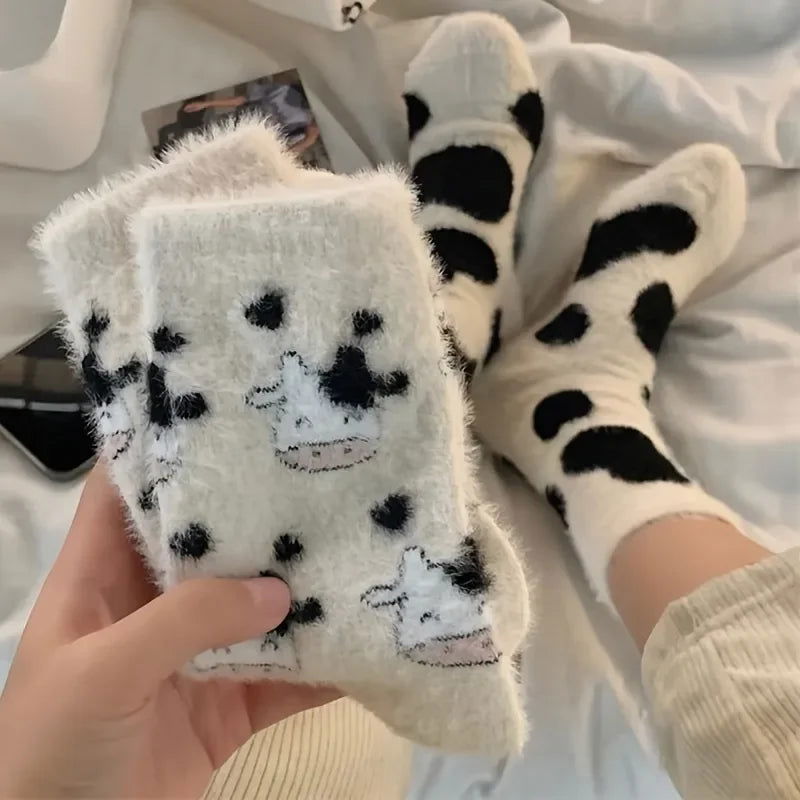 2 Pairs Cute Cow Spots Print Socks, Thickened & Warm Coral Fleece Socks, Women's Stockings & Hosiery - Slobuy
