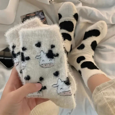 2 Pairs Cute Cow Spots Print Socks, Thickened & Warm Coral Fleece Socks, Women's Stockings & Hosiery - Slobuy