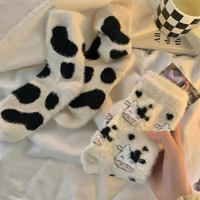 2 Pairs Cute Cow Spots Print Socks, Thickened & Warm Coral Fleece Socks, Women's Stockings & Hosiery - Slobuy