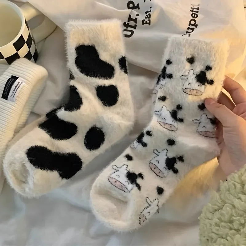 2 Pairs Cute Cow Spots Print Socks, Thickened & Warm Coral Fleece Socks, Women's Stockings & Hosiery - Slobuy