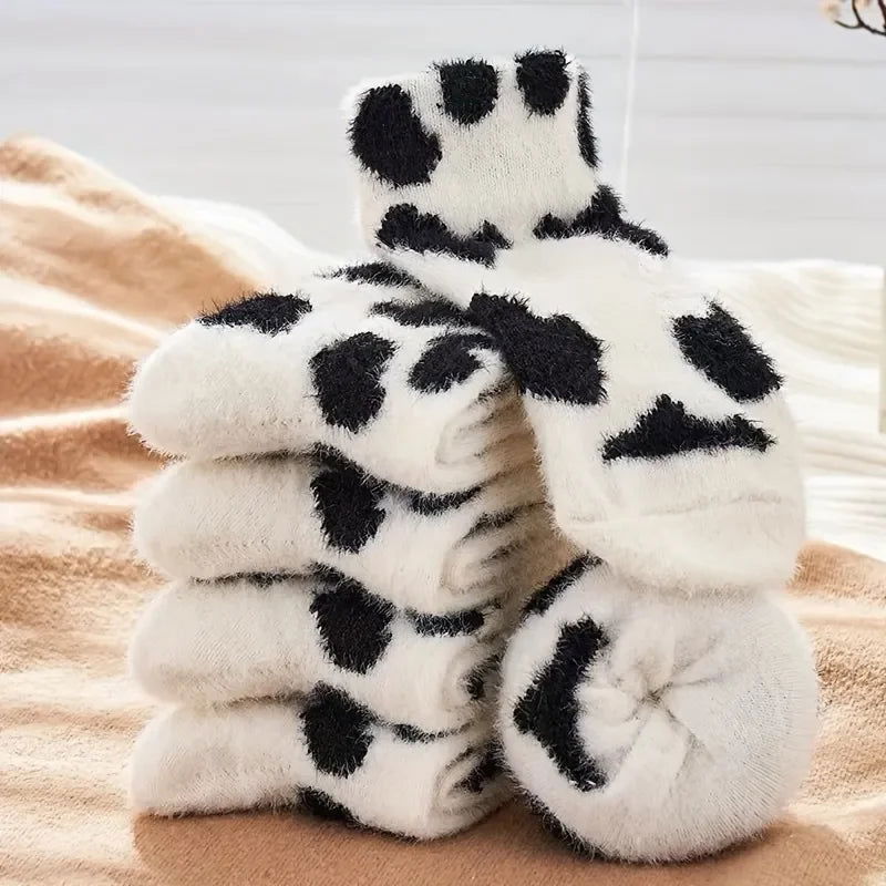2 Pairs Cute Cow Spots Print Socks, Thickened & Warm Coral Fleece Socks, Women's Stockings & Hosiery - Slobuy