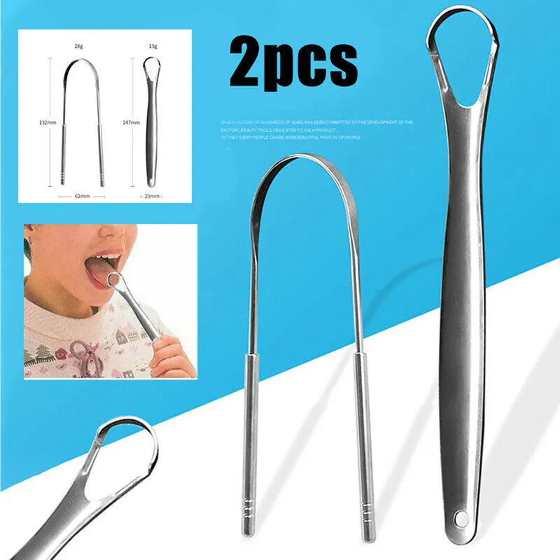 2 Pcs Stainless Steel Tongue Scraper Silver Metal Cleaner Eco-friendly Oral Care Fresh Tool Reusable Breath Brush - Slobuy