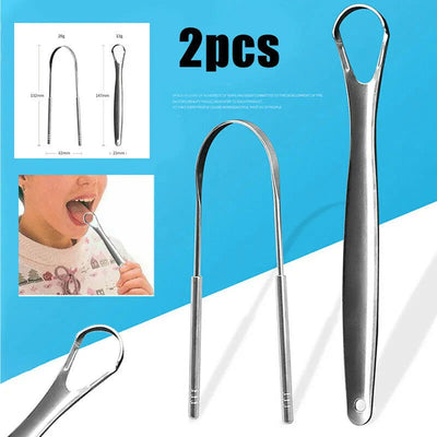 2 Pcs Stainless Steel Tongue Scraper Silver Metal Cleaner Eco-friendly Oral Care Fresh Tool Reusable Breath Brush - Slobuy